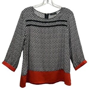 THML Black and White Geometric Tunic with Rust Accents and 3/4 Sleeves - Large